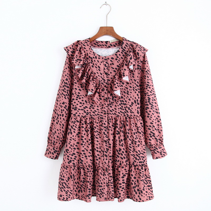 

Women Ruffle Dress Autumn 2019 New Fashion Vintage Patter Prints Above Knee Vestidos Modern Lady Long Sleeve Dresses, As photo