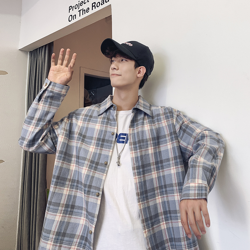 

2020 Spring New Men' Long Sleeve Shirt Loose Trend Plaid Jacket Clothes Youth Wild Top Free shipping Hot Sale, Blue