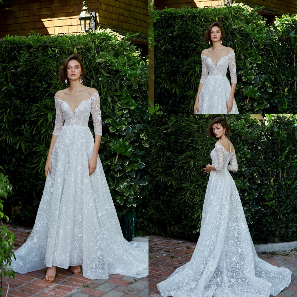 

2020 Lace Wedding Dresses Off Shoulder Long Sleeve Appliques Bridal Gowns Button Back Sweep Train A Line Wedding Dress Robe De Mariee, Pink