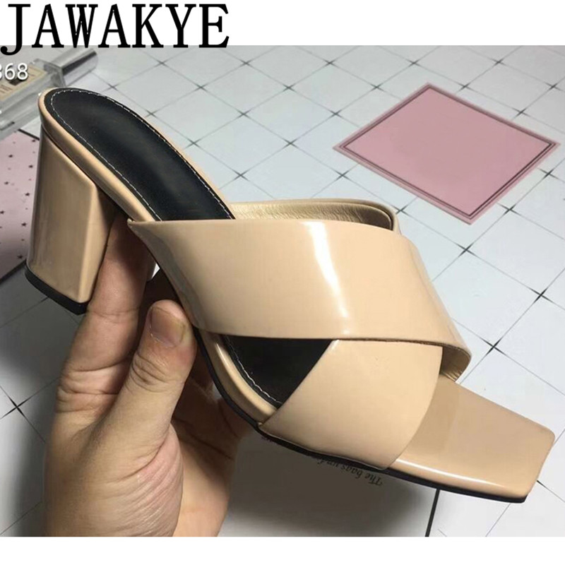 

Chunky high heels Sandals Women Criss cross real Leather Slilppers summer simple beach shoes for ladies sexy vacation mulles, Matte black