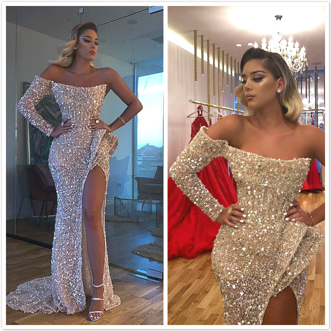 

2019 Aso Ebi Arabic Gold Sparkly Sexy Evening Dresses Mermaid High Split Prom Dresses Sequined Formal Party Second Reception Gowns Dresses, Hunter