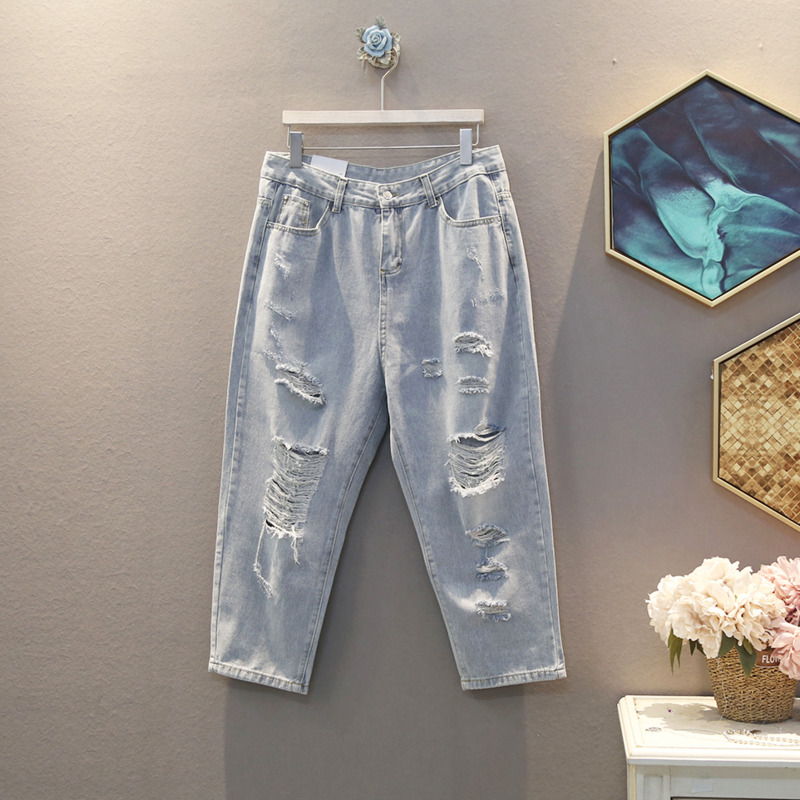 

EWQ] 2020 Spring Summer New Arrivals High Waist Solid Pattern Women Fashion Trend Hole Pockets Casual Ankle Length Pants AY356, Light blue