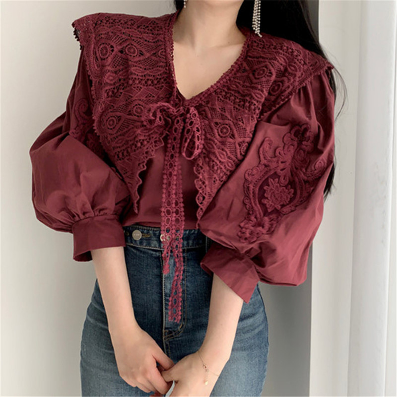 

ZCWXM Lace Elegant Chic Solid Women Blouses Korean Spring V Neck Puff Sleeve 2020 Blusas Mujer Fashion Shirts New, Blue