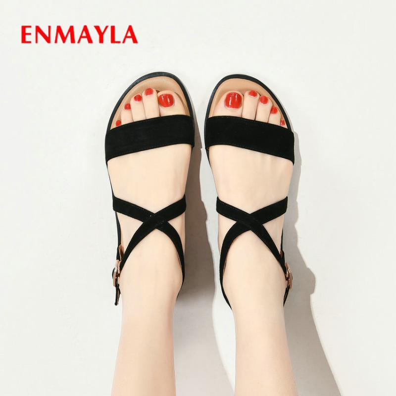 

ENMAYLA Cow Suede Basic Casual Buckle Strap Flat Sandals Fashion Cover Heel Women Sandals 2020 Shoes Women Designers, Beige