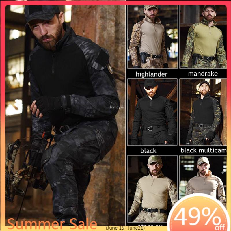 

Tactical Combat Camouflage Shirt + Pants Clothes US Army Multicam Hunting Clothing with Knee Elbow Pads, Black