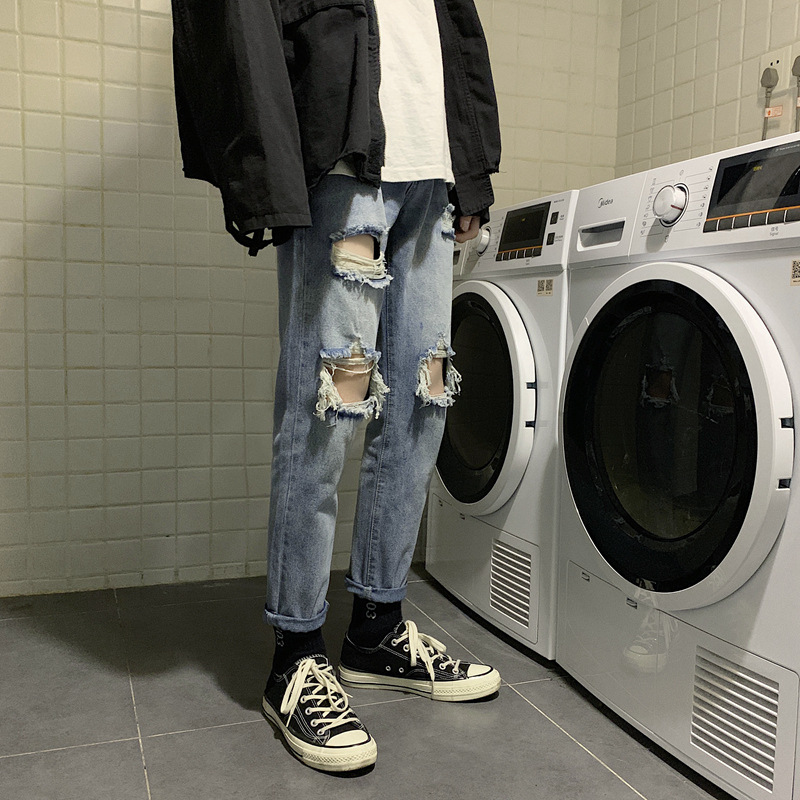 

Januarysnow Spring and Summer New Jeans Men' Net Red Super Hot Big Hole Korean Trend 9 Points Casual All-around Beggar Pants Men, Blue