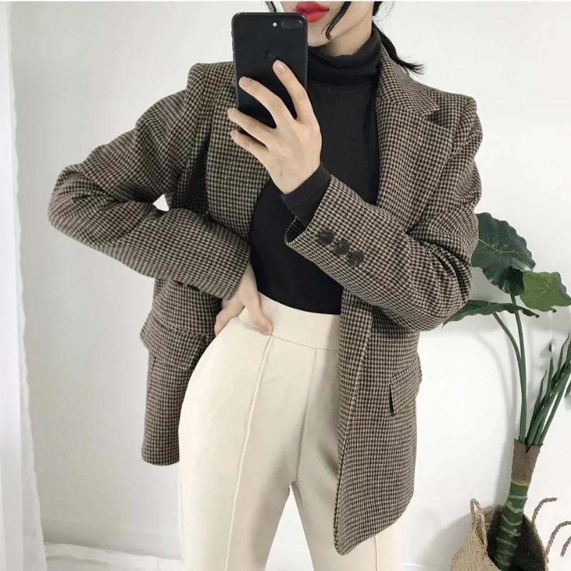 

winter clothes women jacket Korean long blazer loose woolen suit jacket women Plaid blazer feminino blazers and jackets