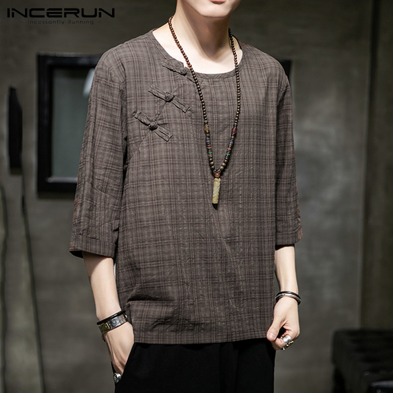 

2020 Chinese Style Men Plaid Shirt Vintage Half Sleeve Retro Button Up Blouse Streetwear Tops Traditional Casual Shirts INCERUN, Navy shirt