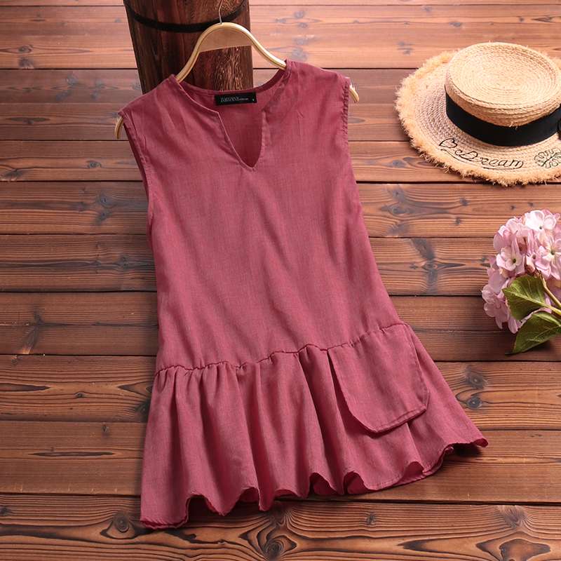

2020 Summer Sleeveless Ruffles Tank Tops ZANZEA Vintage Solid Party Tunic Top Women Casual V Neck T-Shirts Female Camis Blusas, Blue