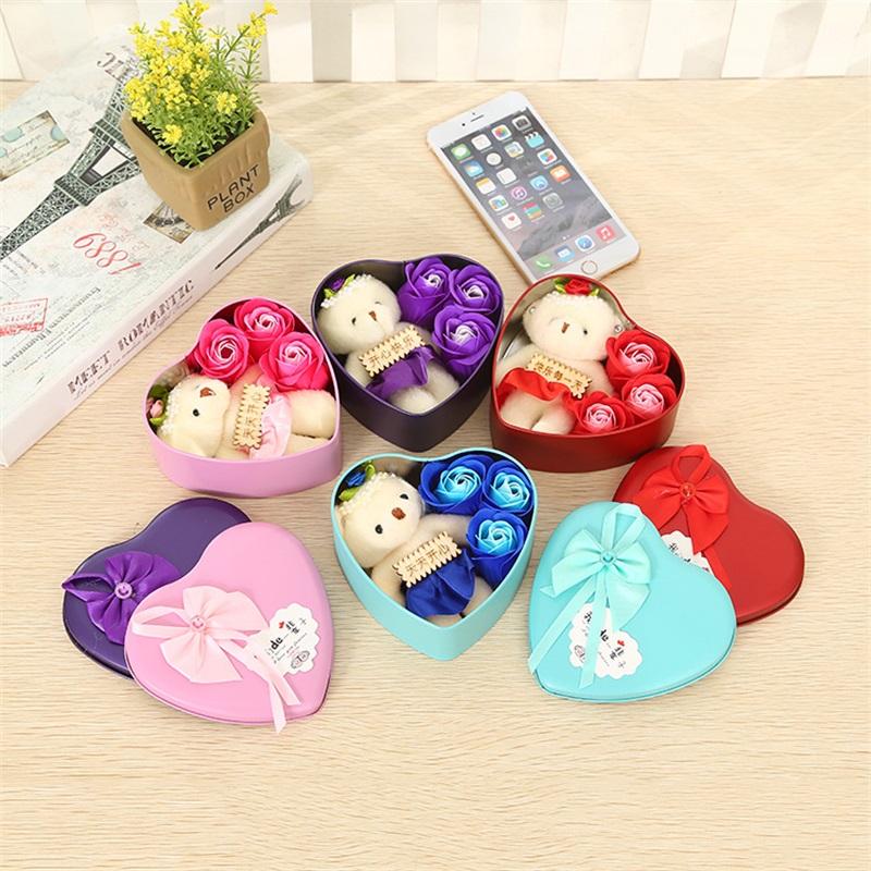 Box Packed Heart Shape Handmade Rose Simulation Soap Flower Cute Little Bear Soap Flower Valentines Day Birthday Party Gifts-image-437457098