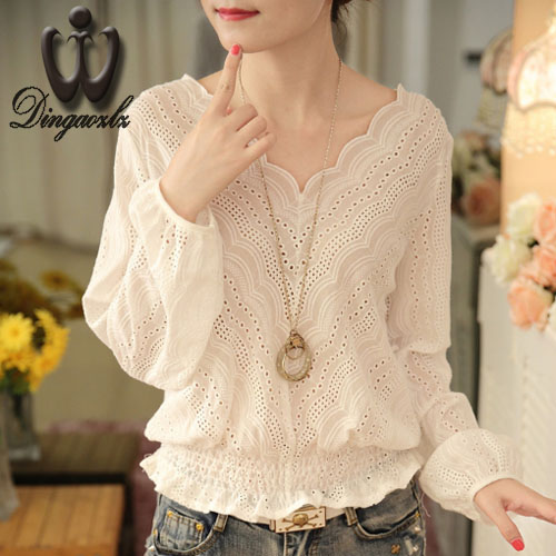

2020 Autumn New long-sleeved V-neck Hollow out lace shirt female Short design Women lace blouse female Chiffon Tops, White