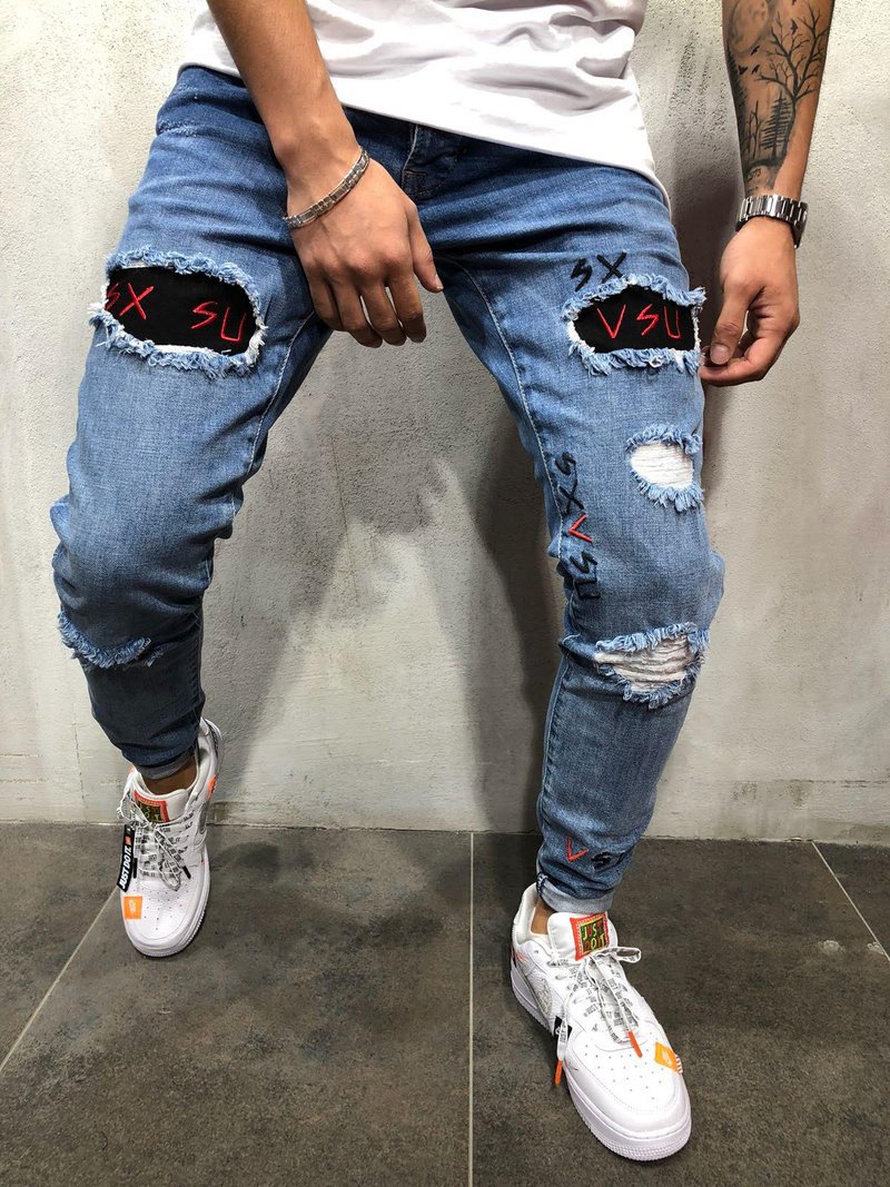 

Men's Jeans Mens Hole Letter Designer High Street Motorcycle Pants Hole-breaking Fashion Casual Blue For Male