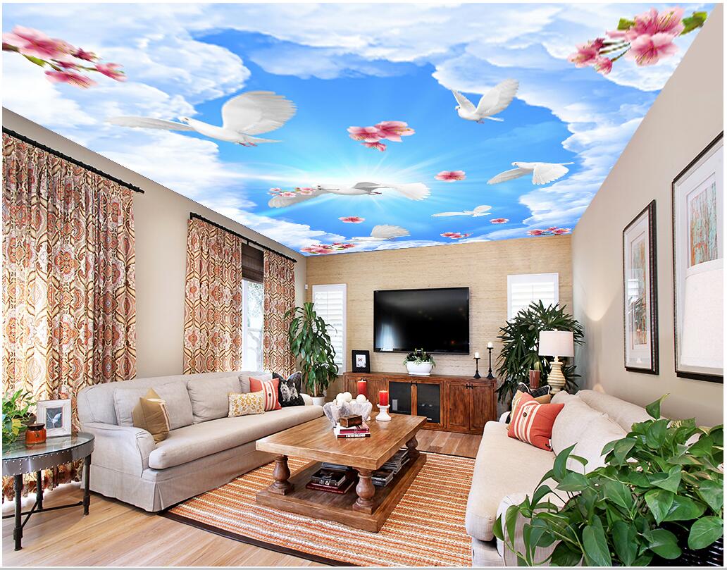 

3d ceiling murals wallpaper custom photo Blue sky and white clouds sky dove flowers decor living room 3d wall murals wallpaper for walls 3 d, Non-woven wallpaper