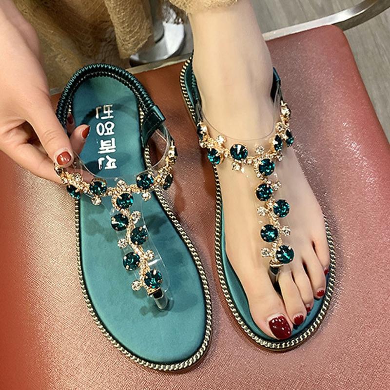 

Women Thong Sandals T-Type Open Toe Rhinestone Flat Bottom Roman Sandals Shoes Casual Beach, Black