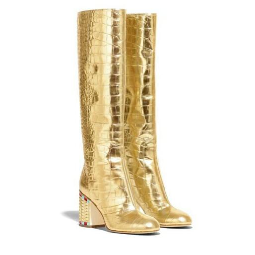 

Women's genuine leather autumn and winter style boots, round-headed shimmering high heels, Size: 34-44, gold