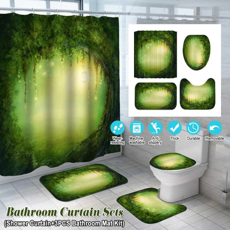 

180x180cm Tree Hole Pattern Bathroom Shower Curtain Bathroom Pedestal Rug Lid Toilet Cover Bath Mat Set