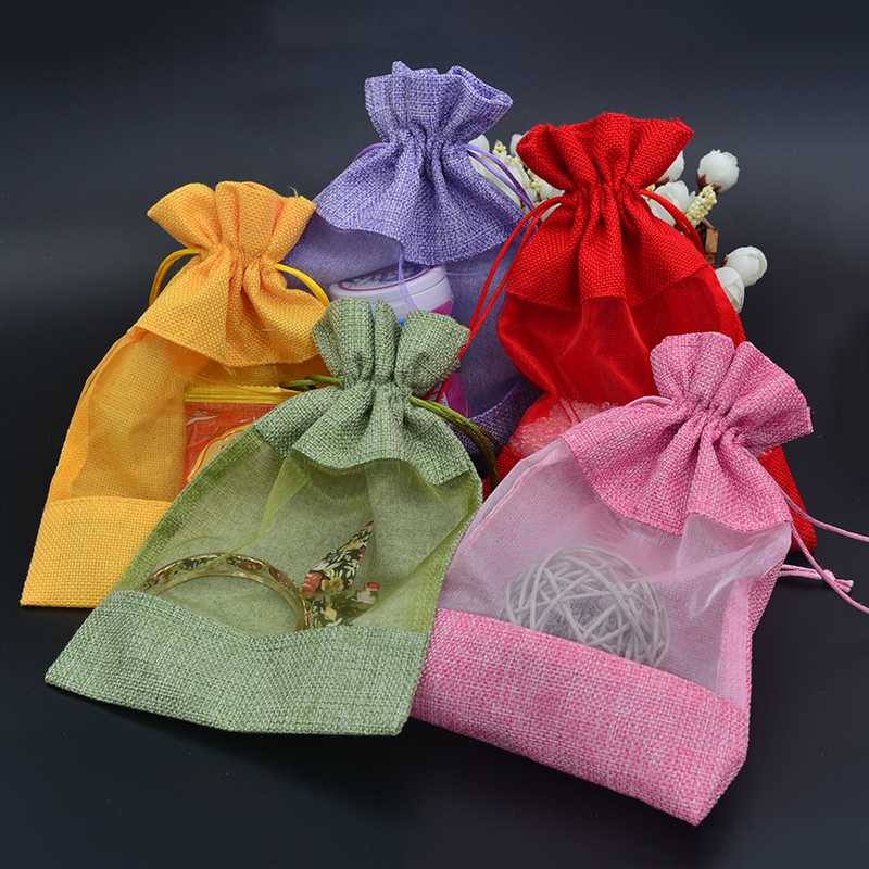 

50pcs Clear Window Jute Gift Bag 5"x7" Burlap Party Favor Sack Bag Linen Jute Drawstring Pouch Organza Jewelry Gift Candy