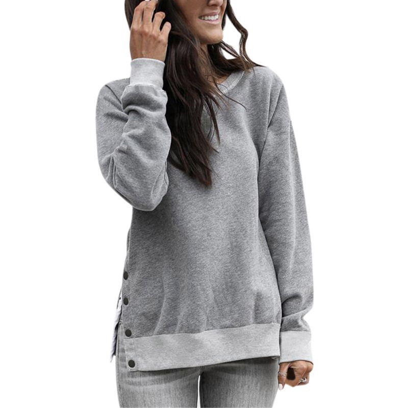 

Autumn Sweatershirt Women Round Collar Button Hoodies Loose Long Sleeve Sweatershirts 3Colors, Gray