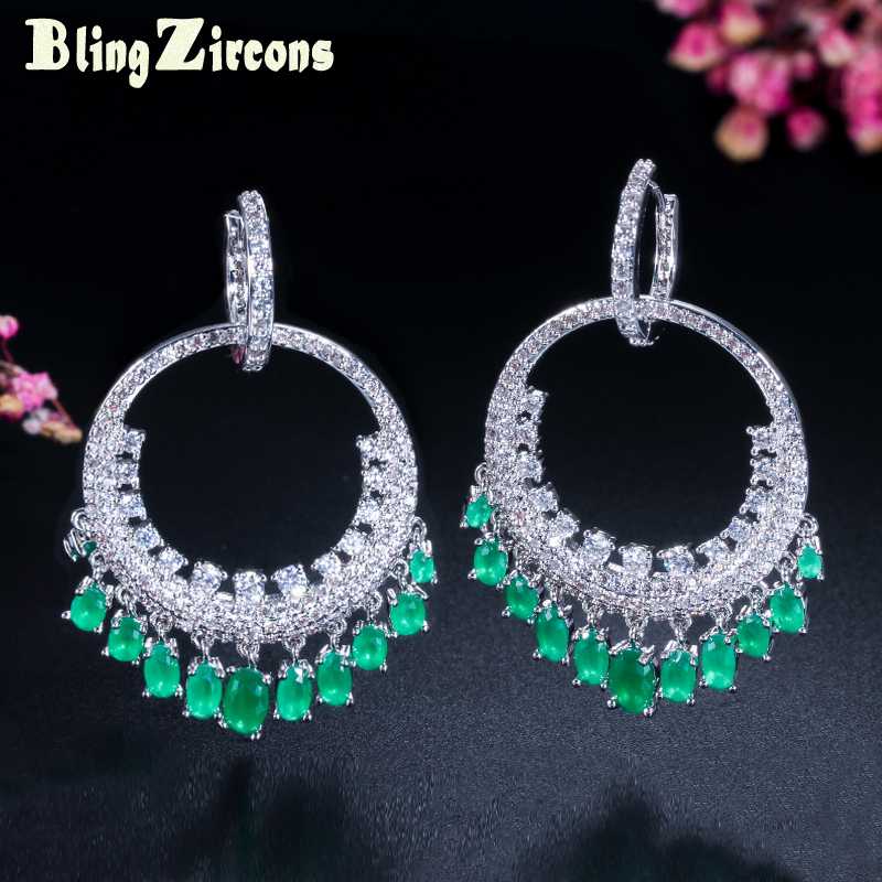 

Charm BlingZircons Ladies Circle Loop Earring Green Cubic Zircon Stone Hanging Drop Big Round Hoop Earrings Jewelry For Wedding E150