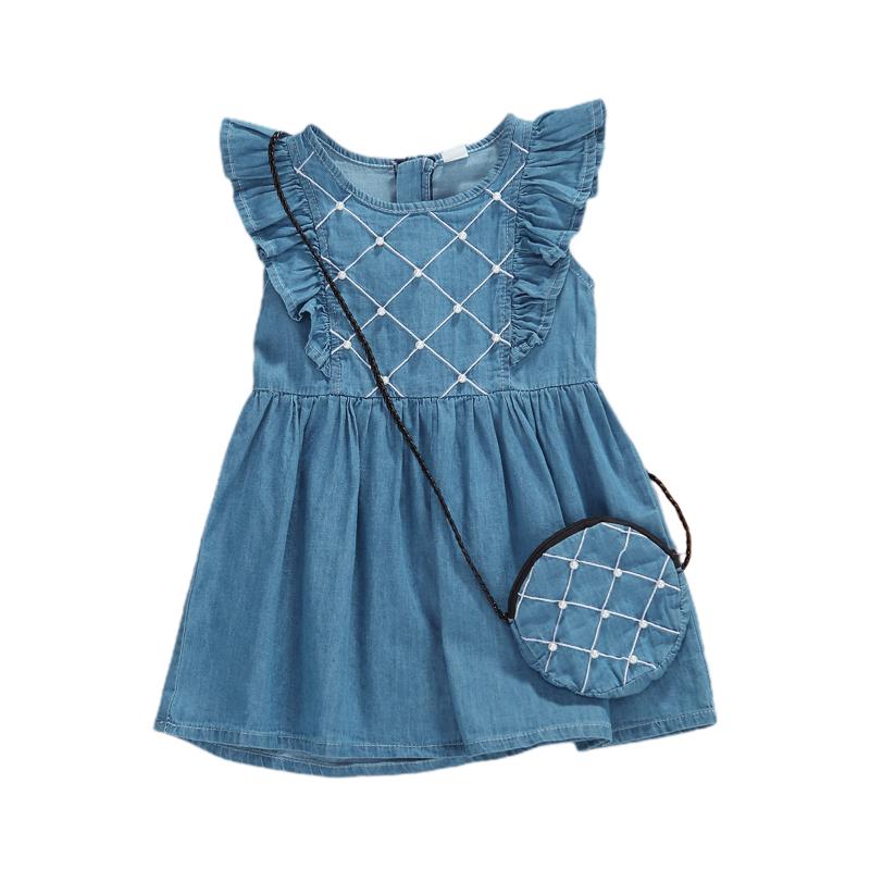 

6M-3Y Toddler Newborn Infant Baby Girls Dress Summer Ruffles Blue Denim Pearls Dresses For Girls + Handbag Baby Girl Clothing, As pic
