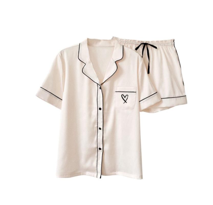 

New Pajamas for Women Faux Silk Pajamas Set Simple Pure Color Leisure Nightwear Satin Short Sleeves Sleepwear, Blue