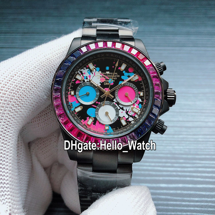 

Luxury New Winner 116500 116503 Automatic No Chronograph Mens Watch Graffiti Blue White Pink Dial Colored Diamond Bezel PVD Black Steel Band, Custom waterproof service