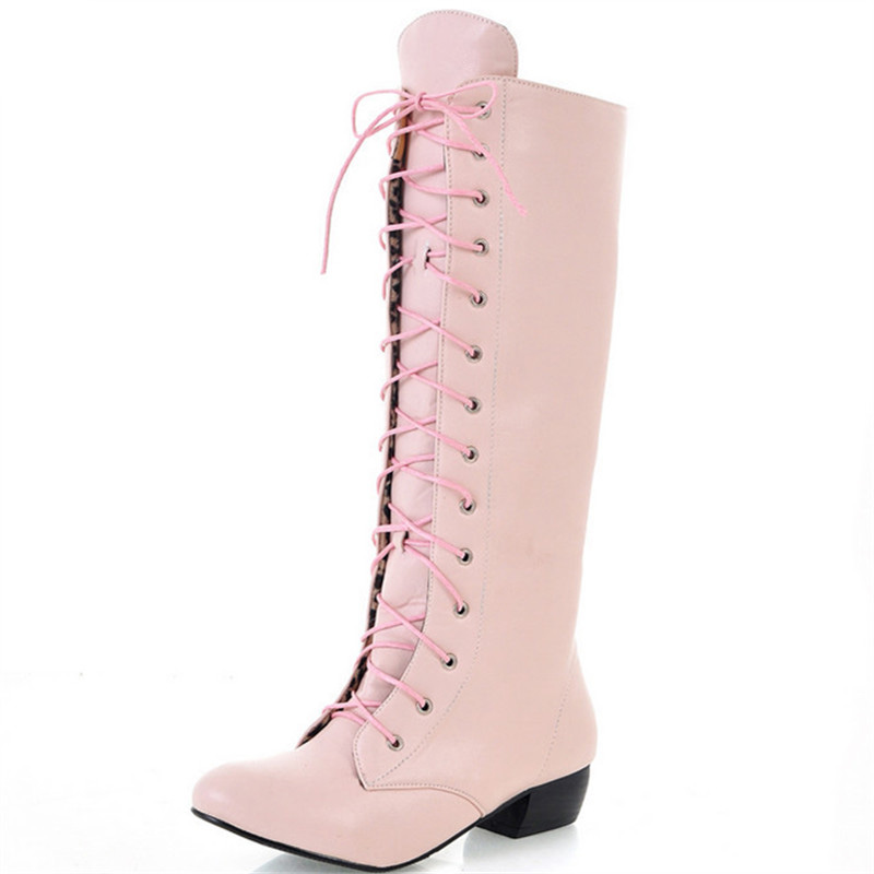 

New fashion knee high boots lace up sexy low heels comfortable high quality autumn women boots white black pink