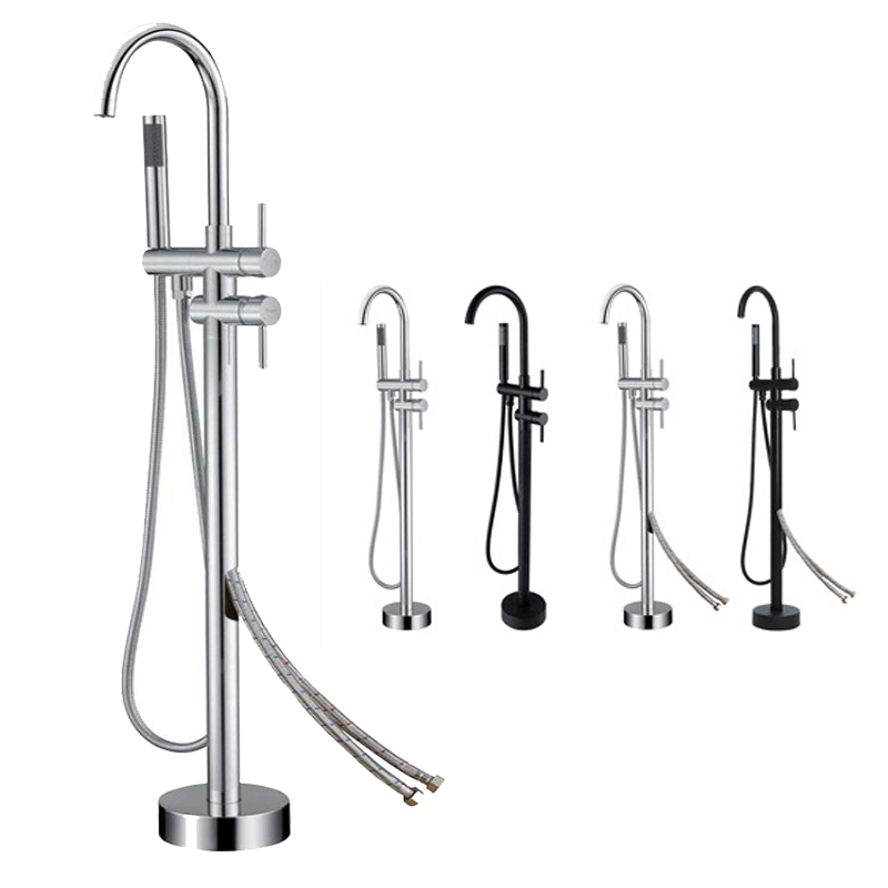 

2 Way Hot Cold Bathtub Round Shower Set Floor Mounted Brass Faucet Wash Basin Sink Mixer Tap with Hand Shower