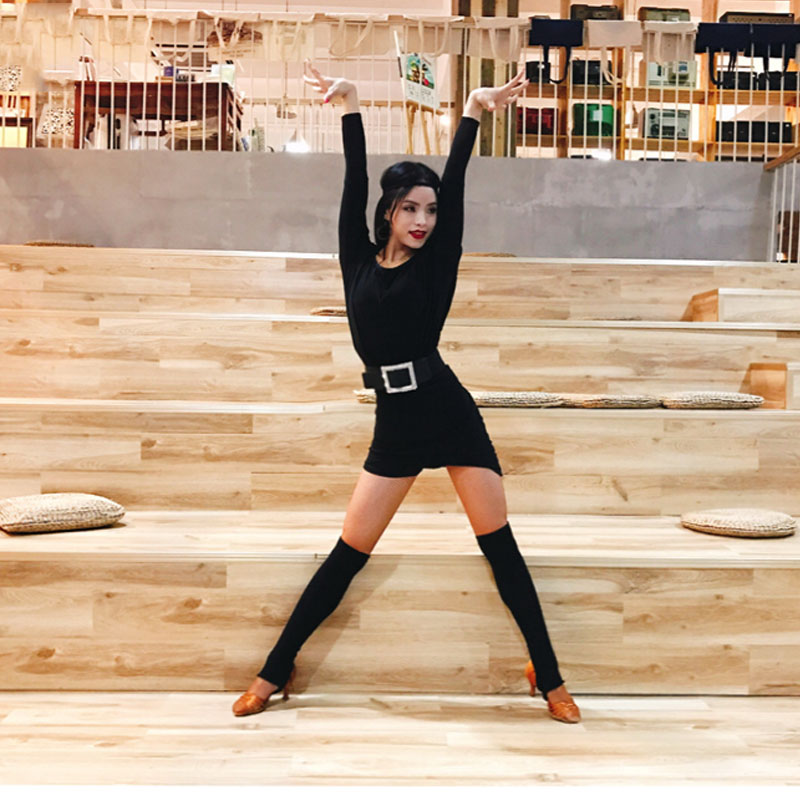

Latin Dance Costume Women Long-Sleeve Practice Dance Clothing Latin Competition Dresses Rumba Performance Wear DQL841, Black