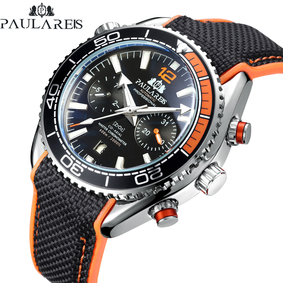 

Men Automatic Self Wind Mechanical Canvas Rubber James Bond 007 Style Orange Blue Multifunction Date Month Sport Watch T200311, Black orange black