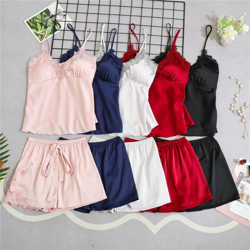 

Strap Pajamas Women Summer Sexy Ice Silk Shorts Two-Piece Set With Chest Pad Can Wear Outside Suit Silk Intimate Lingerie, Pink