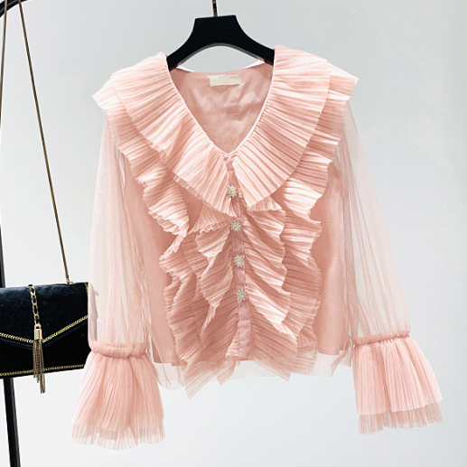 

Flounced Long-sleeved Shirt Women's 2020 Spring New Style Elegant Bell Sleeve V-neck Pleat Mesh Tops Girls Ladies Blouse Top, Black