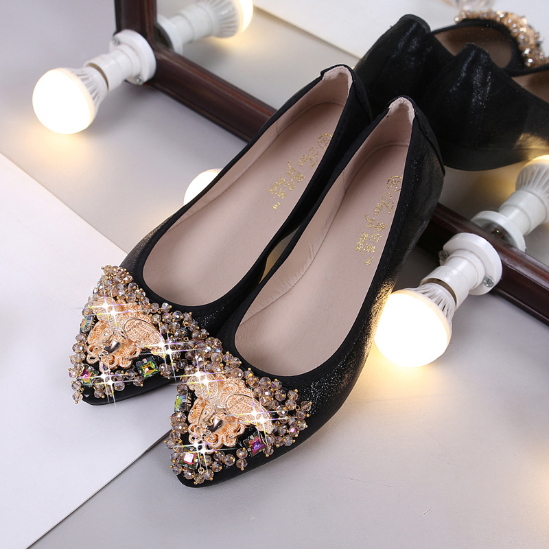

2019 Autumn New Style Cone Shoes Pointed Shallow Mouth Flat Top Shoes Man-made Diamond Large Size Anti-slip WOMEN'S Shoes Factor, Burgundy