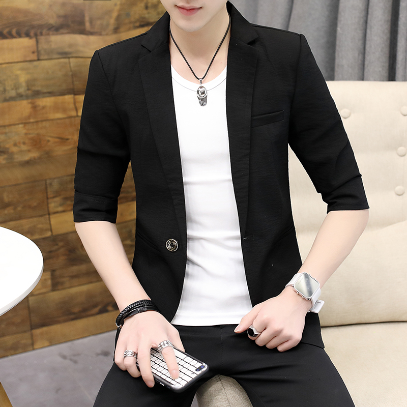 

Blazer Men 2020 New Summer Cotton and Linen Fashion Casual Half Sleeve Color Single Button Men's Boutique Blazer, Black
