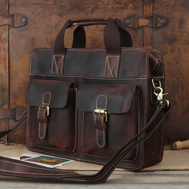 

Special Offer Pure Handmade Crazy Horse Leather Vintage Briefcase 14" Laptop Bag Retro Genuine Leather Men Handbags, Dark brown
