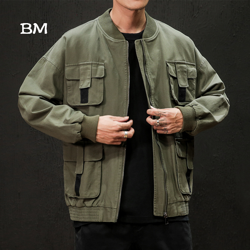 

japanese streetwear army jacket men multi-pocket korean style clothes black coat baseball jackets tactical Tooling Outerwear T191218, Army green