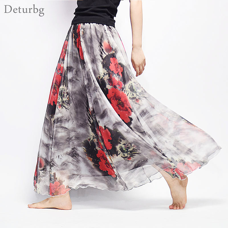 

Women Fashion Florals Print Long Skirt Female Boho Style Elastic High Waist Chiffon Casual Beach Skirts Saias 19 Color Summer LY191203