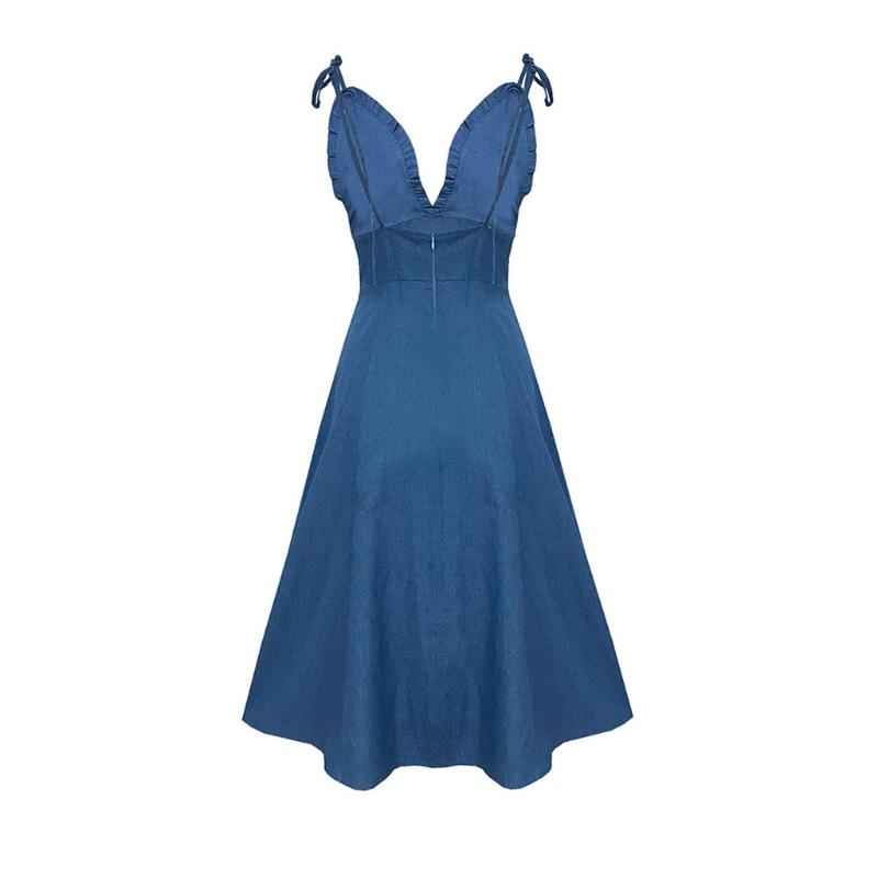 

Fashion New Spring 2020 Ladies Button Round Neck Short Sleeve Bow Denim Dress Women Denim Ruffles Casual Sleeveless Off Should, Blue