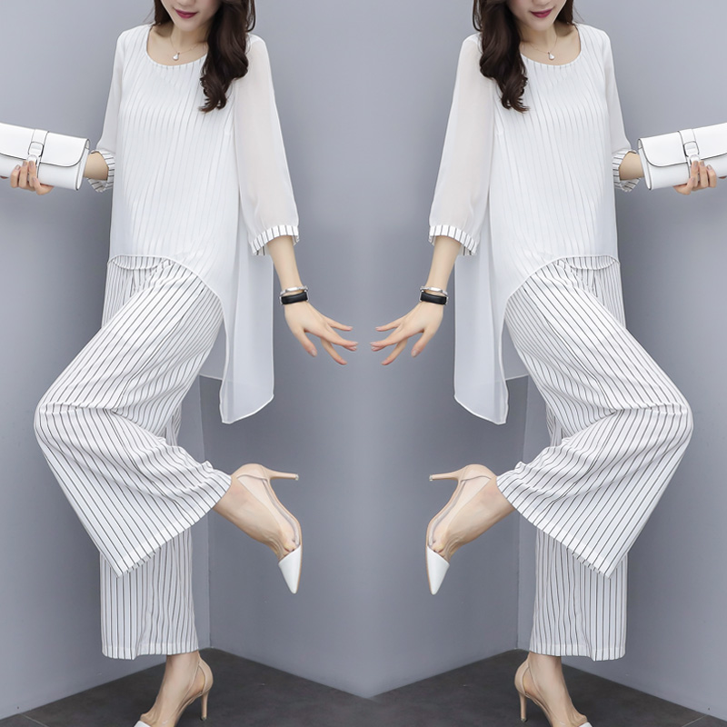 

3xl Summer Chiffon 2 Two Piece Sets Outfits Women Plus Size Blouses And Wide Leg Pants Suits Elegant Korean Sets GD73, Photo color