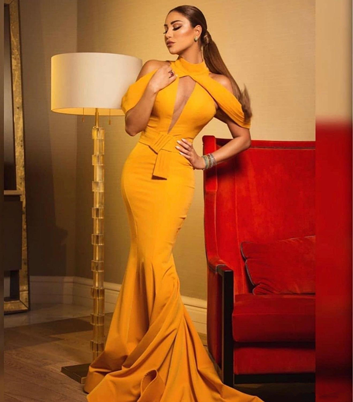 Yellow Mermaid Arabic Evening Dresses 2020 High Neck Sleeveless Sexy Prom Gowns Backless Sweep Train Formal Party Dress robes de soiree
