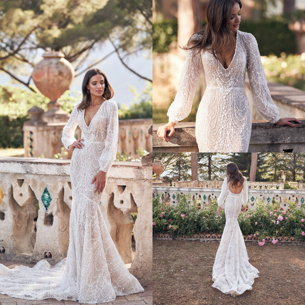 

2020 Lace Mermaid Wedding Dresses Appliques Deep V Neck Long Sleeve Beach Wedding Dress Bridal Gowns Hollow Back Boho Robes De Mariée, Burgundy