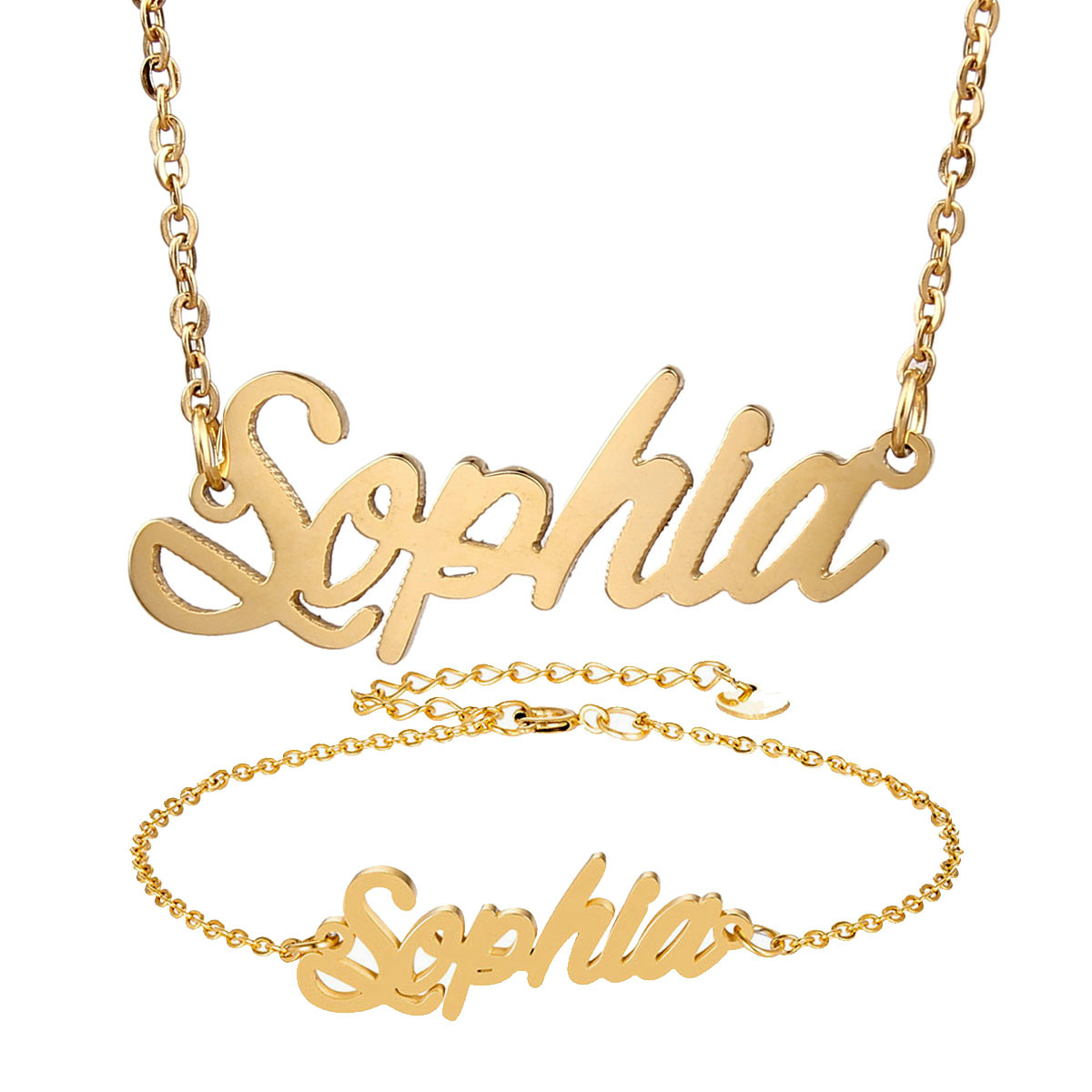 Nameplate Sophia Personalized Name Necklace & Bracelet (Anklet) with Matching Jewelry Set Stainless Steel 18k Gold Plated Pendant Ladies Gift-image-483208534