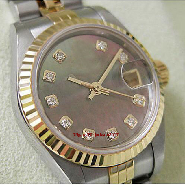 

Original box certificate Casual Modern Women's Watches 79173 Ladies Steel Gold Black Mother of Pearl Diamond Dial 26MM