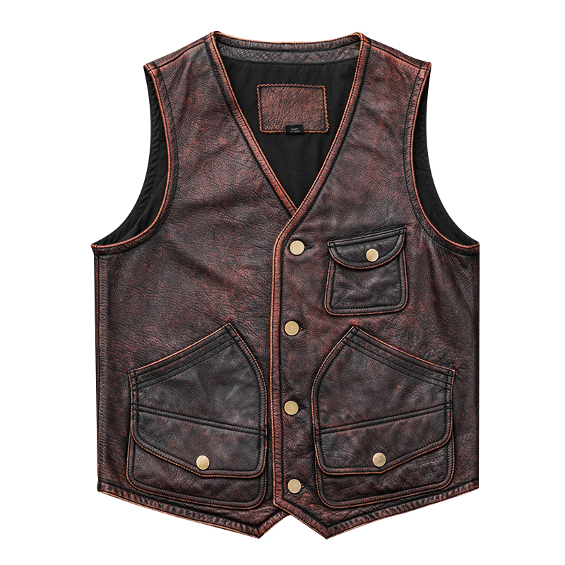 

2020 Vintage Brown Men American Casual Style Short Motorcycle Leather Vest Genuine Cowhide Slim Fit Biker's Leather Vest