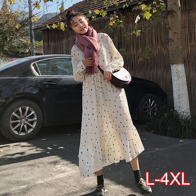 

Plus Size 2020 Spring Summer European Style Brand Cothing Loose Long Sleeve Women Dresses Print Dot Linen Vestidos O-Neck Robe, White