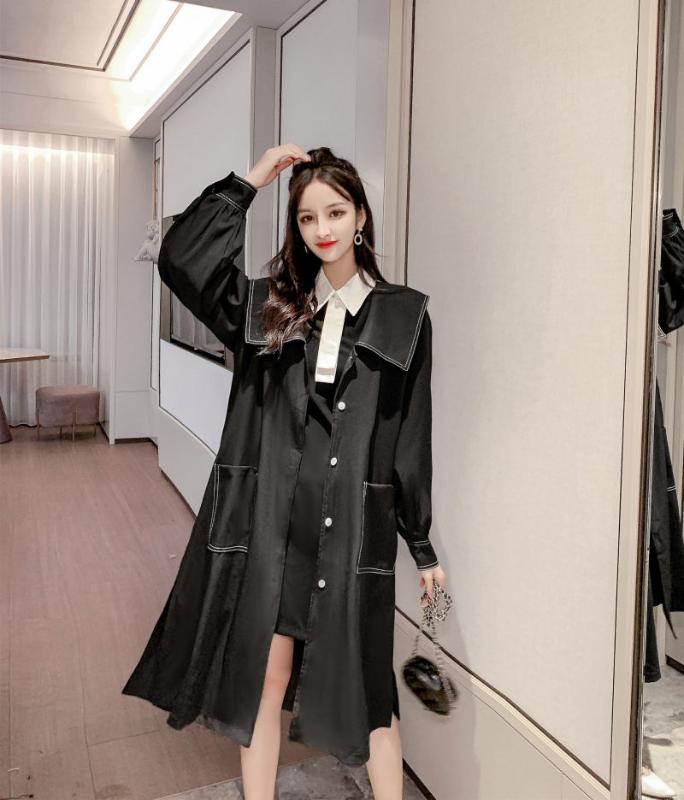 

Windbreaker Women' Long Section 2020 Spring Autumn New Fashion Doll Collar Loose and Thin Jacket Female Coat Outerwear k635, Black dress