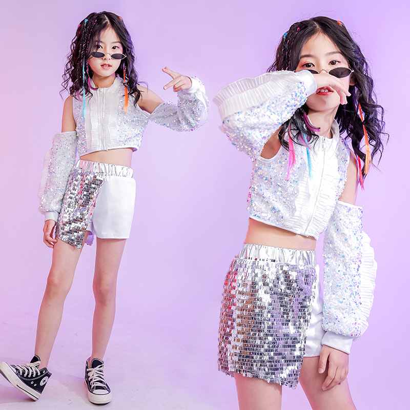 

Children Hip Hop Jazz Dance Performance Clothing Sequins White Girls Carnaval Costumes For Kids Street Dance Walk Show Outfit