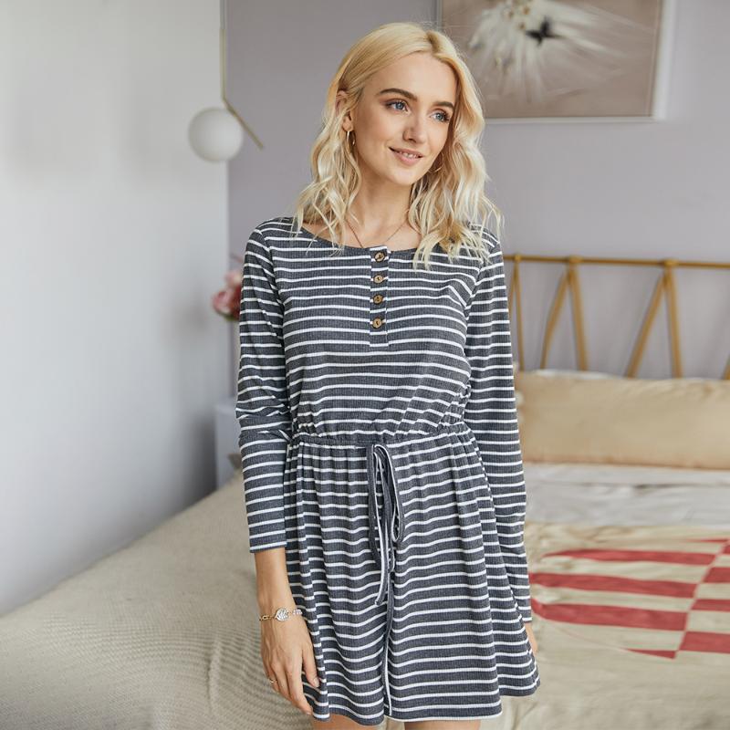 

Summer Knitted Striped Playsuits Women Lace up Loose Casual O Neck Full Sleeve Playsuits 2020 New, Dark grey
