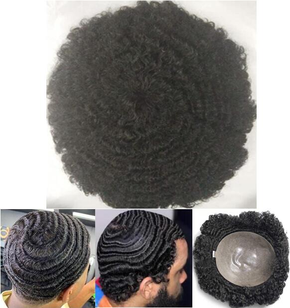 

Afro Curl 360 Wave Full PU Toupee Mens Wig Lace Unit Hairpieces Brazilian Virgin Human Hair Replacement for Black Men