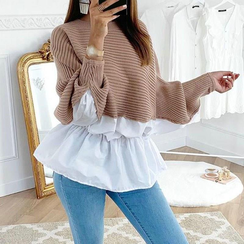

Winter Ruffled Knitted Jumper Sweater Patchwork Loose Shirt Casual Sweater Female Women Long Sleeve Blusas Pullover, Gray